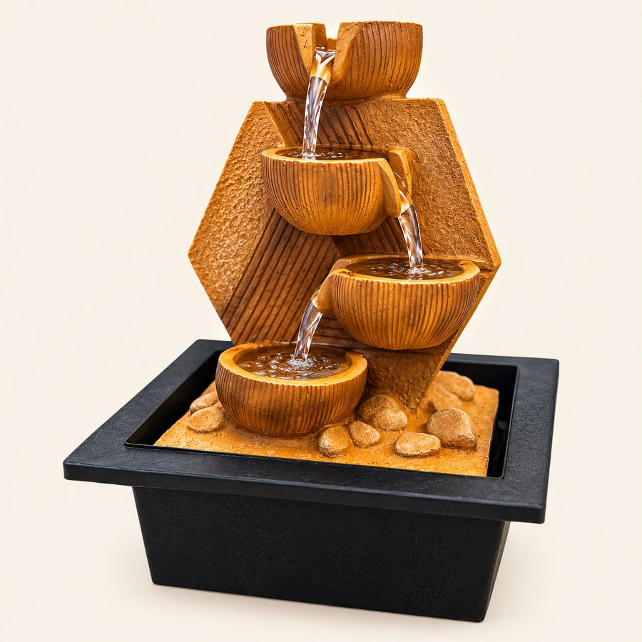 Mustard Brown Resin Tabletop Water Fountain | Modern Cascading Waterfall for Home & Office Decor