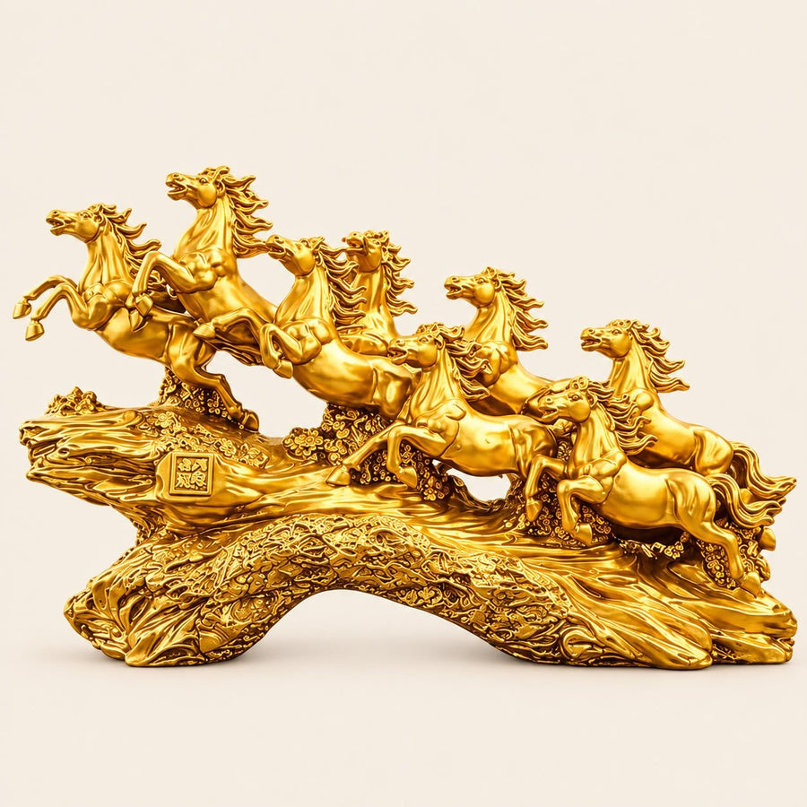 PCTKART 8 Running Horses Golden Statue – 19 Inch Luxury Vastu Decor Showpiece for Home & Office