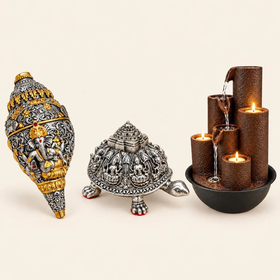 PCTKART Spiritual Home Décor Combo | Ganesha Shankh, Silver Kurma Tortoise & Cascading Water Fountain