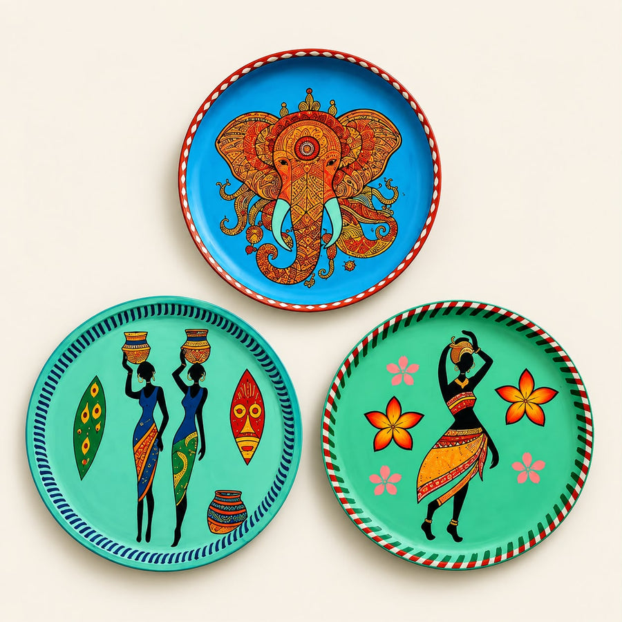 Pctkart Handmade Colorful African style Wall plates set of 3