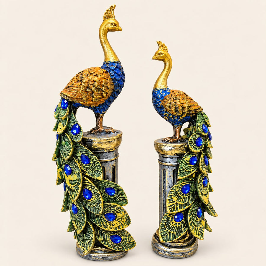 Premium Hand Painted Peacock Showpiece Set of 2 | Golden Peacock Statue for Home Decor & Gifting