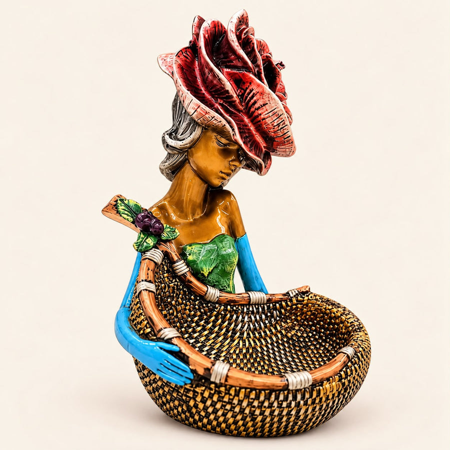 Premium Lady Basket Showpiece | Hand Painted Girl Figurine Decorative Bowl for Home Decor & Gifting
