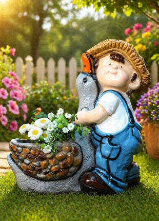 Cute Boy Resin Planter with Bird | Decorative Garden Pot & Outdoor Home Decor - Pctkart