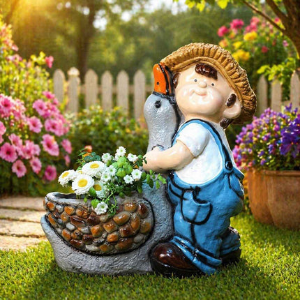 Cute Boy Resin Planter with Bird | Decorative Garden Pot & Outdoor Home Decor - Pctkart