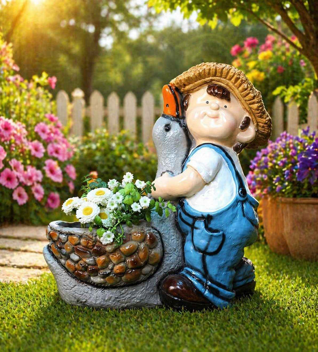 Cute Boy Resin Planter with Bird | Decorative Garden Pot & Outdoor Home Decor - Pctkart