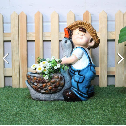 Cute Boy Resin Planter with Bird | Decorative Garden Pot & Outdoor Home Decor - Pctkart