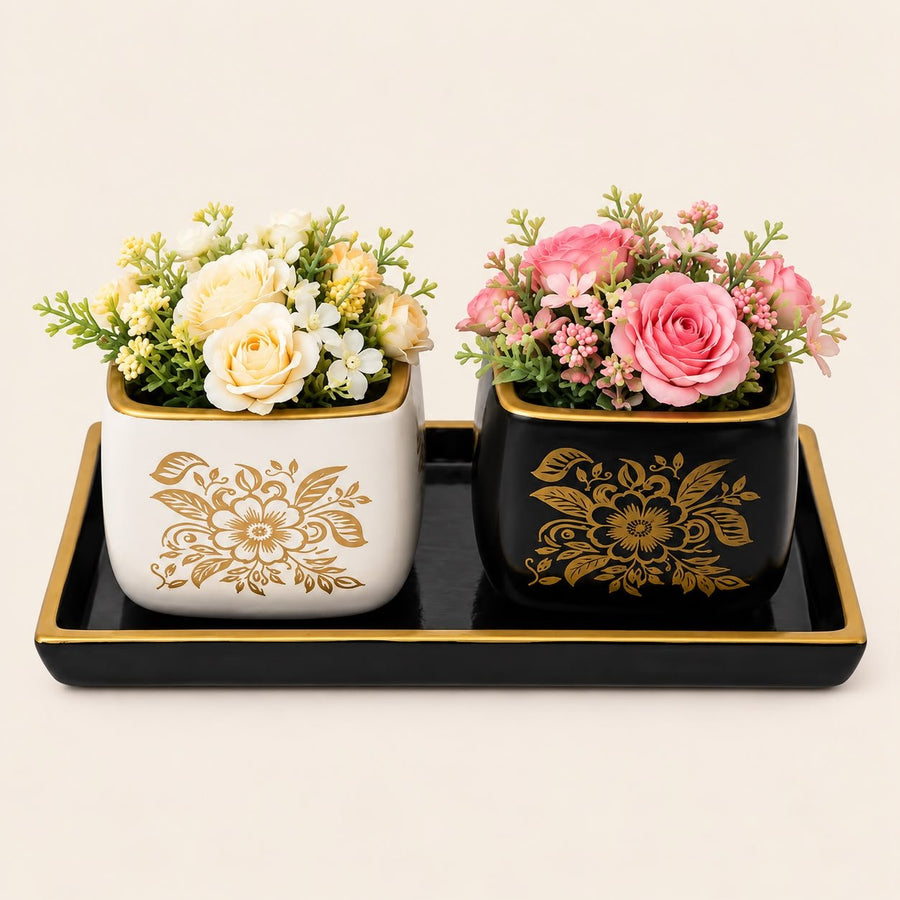 Set of 2 Designer Ceramic Planter Pots with Tray | Decorative Indoor Plant Pots for Home Decor