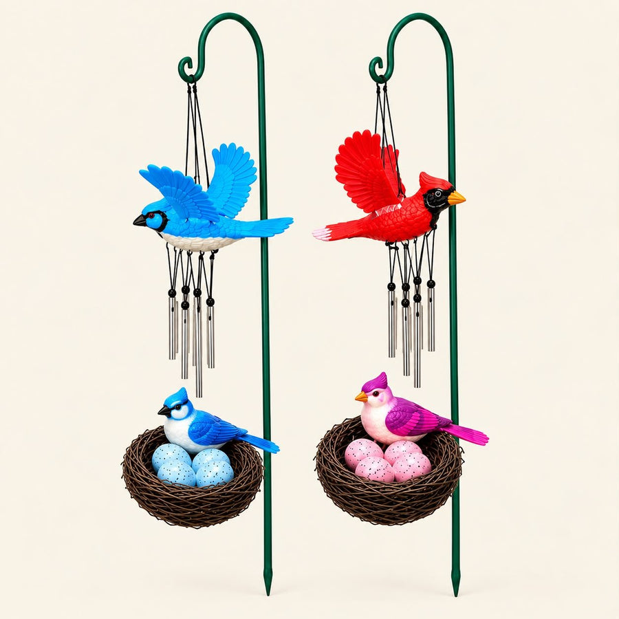 Set of 4 Decorative Garden Stakes with Colorful Birds & Wind Chimes | Outdoor Garden Decor | PCTKART