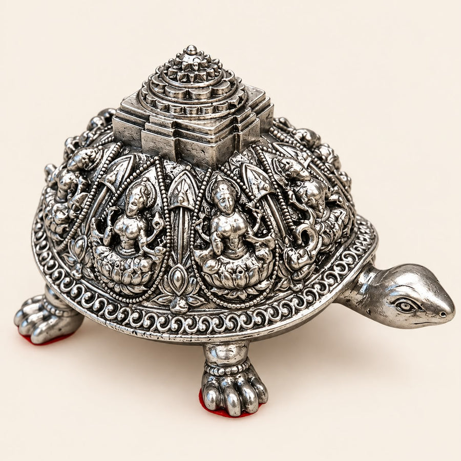 Silver Finish Kurma Tortoise with Lakshmi & Shree Yantra | Vastu Showpiece