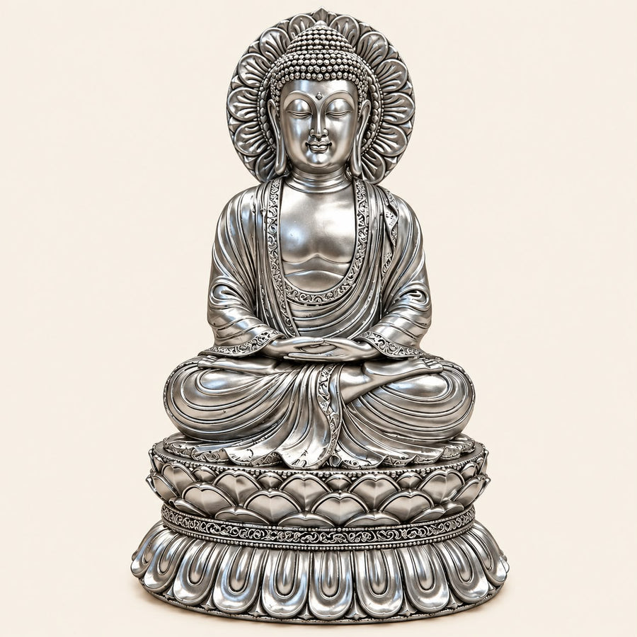Silver Finish Meditating Buddha Statue | Sitting Buddha Showpiece for Home Decor, Meditation & Spiritual Gifting