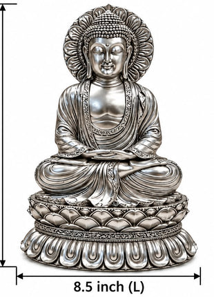 SilverFinishMeditatingBuddhaStatueSittingBuddhaShowpieceforHomeDecor_Meditation_SpiritualGifting size