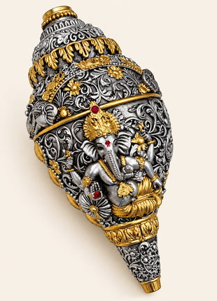 Silver & Gold Finish Lord Ganesha Shankh  Traditional Ganesh Conch Showpiece