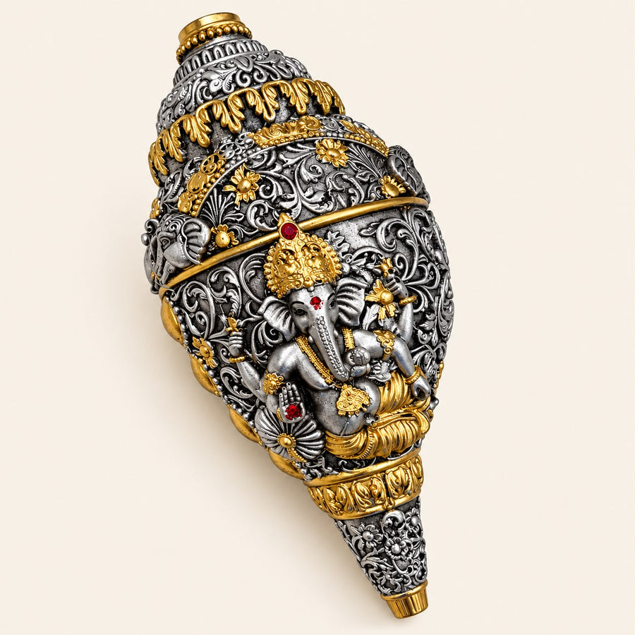 Silver & Gold Finish Lord Ganesha Shankh | Traditional Ganesh Conch Showpiece
