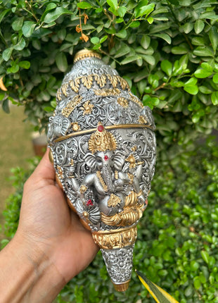Silver & Gold Finish Lord Ganesha Shankh | Traditional Ganesh Conch Showpiece