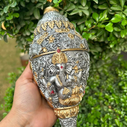 Silver & Gold Finish Lord Ganesha Shankh | Traditional Ganesh Conch Showpiece - Pctkart