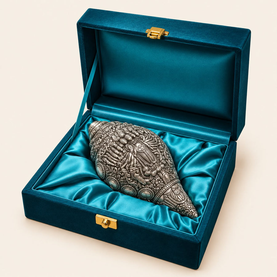Silver Finish Dashavtar Vishnu Shankh | Traditional Narayan Conch Showpiece for Pooja, Vastu & Spiritual Decor