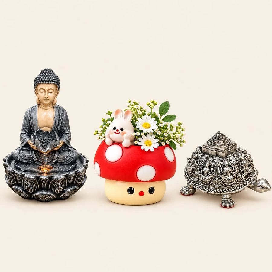Spiritual Home Decor Combo Set | Buddha Lotus Water Fountain, Bunny Mushroom Planters & Silver Kurma Tortoise | PCTKART
