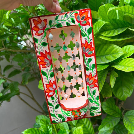 Handcrafted Lippan Art Floral Rectangular Jharokha Style Candle Holder