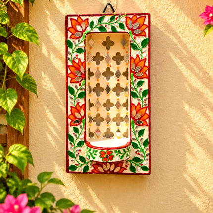 Handcrafted Lippan Art Floral Rectangular Jharokha Style Candle Holder