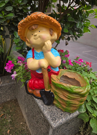 Cute Garden Boy Planter with Shovel – Decorative Resin Flower Pot for Indoor & Outdoor Decor - Pctkart