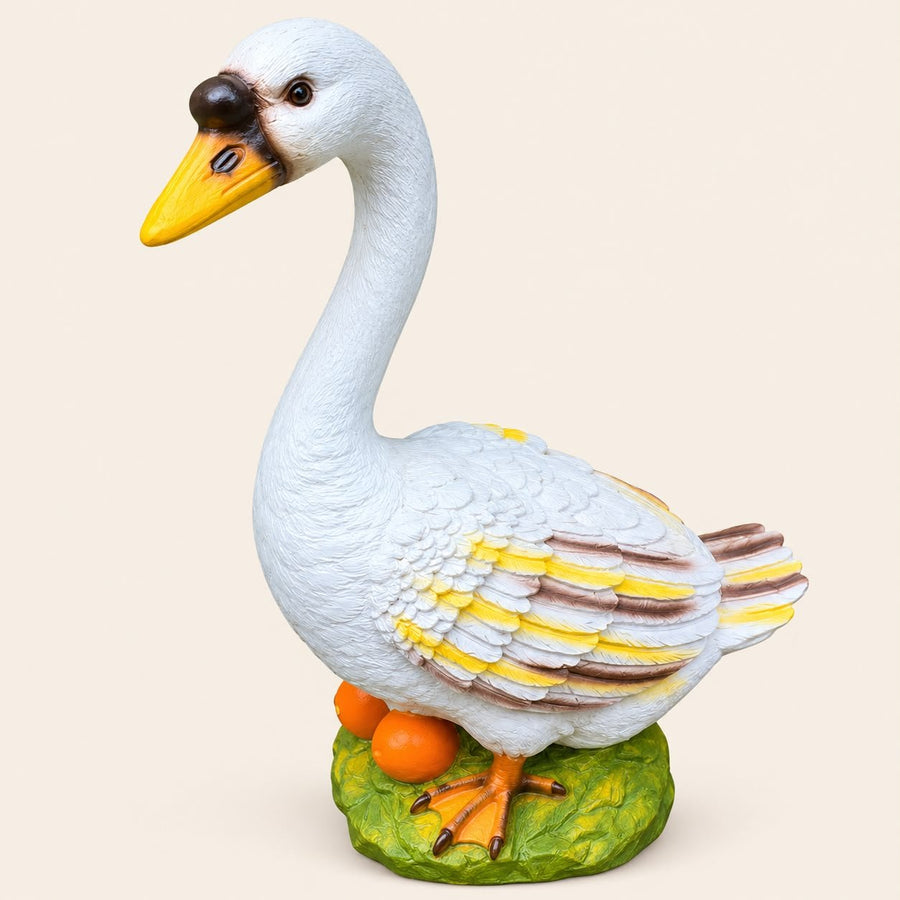 White Goose Garden Statue with Eggs – Decorative Outdoor Bird Sculpture (10 x 3.5 x 5.9 Inch)