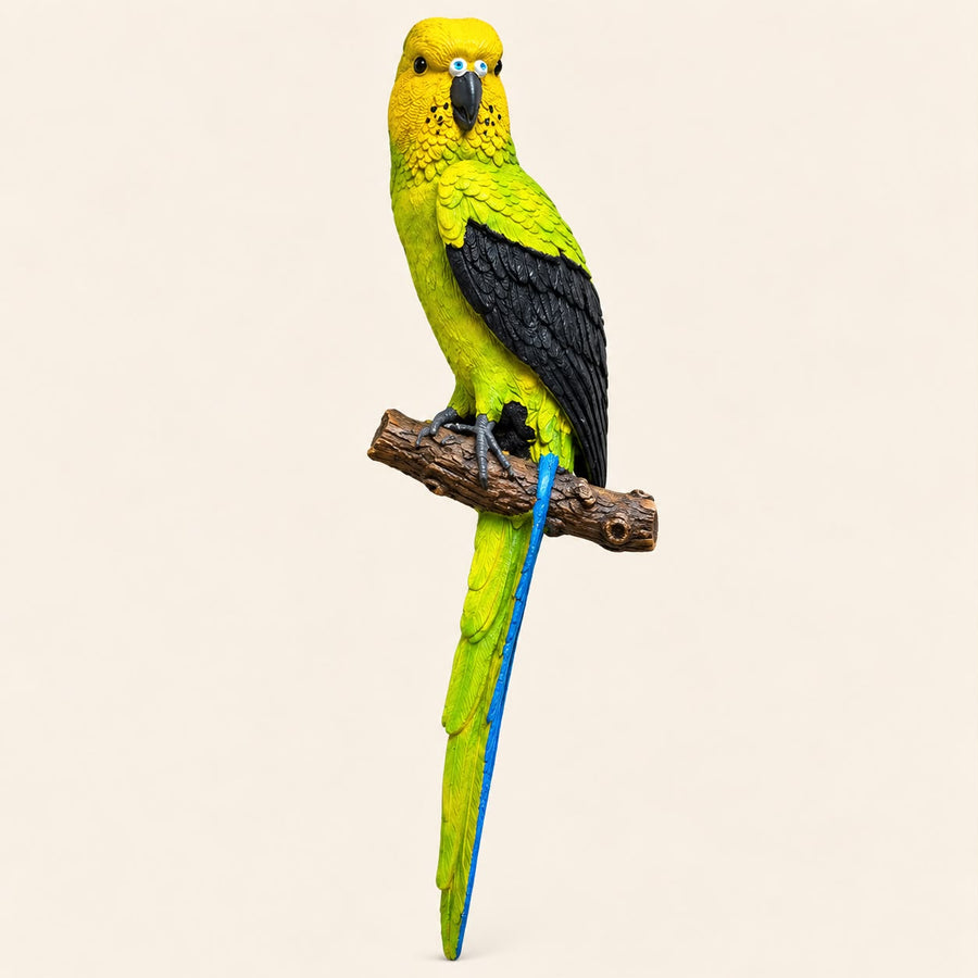 Yellow Green Parrot Wall Hanging Decor for Garden & Balcony | Outdoor Bird Statue 19 Inch