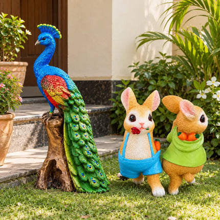 Garden Decor Combo Set of 2 | Colorful Peacock Statue & Cute Bunny Pot Hanging Decor