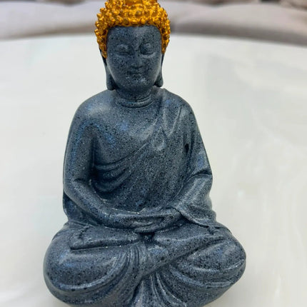Dark Grey Buddha Statue with Golden Headpiece | Meditating Buddha Showpiece - Pctkart
