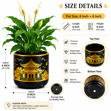 Handpainted black gold ceramic flower pot for living room decor