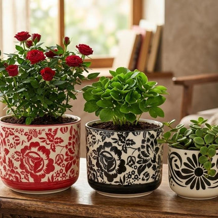 Floral ceramic planter set of 3 in 6 inch, 5 inch and 4 inch sizes for home decor