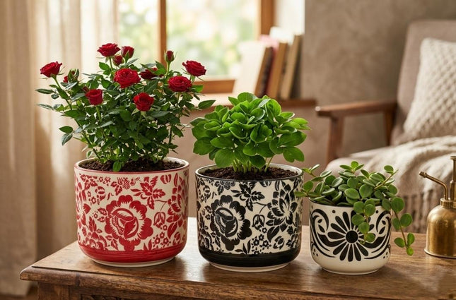 Floral ceramic planter set of 3 in 6 inch, 5 inch and 4 inch sizes for home decor