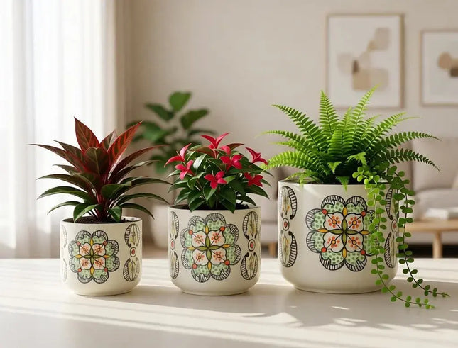 Set of 3 Floral Ceramic Planters with Ivory Plates (6 Inch, 5 Inch, 4.5 Inch) | Decorative Indoor Plant Pots for Home Decor, Garden Decor & Gifting
