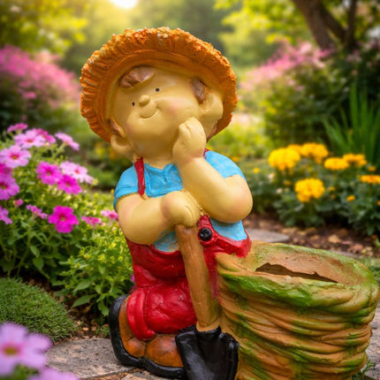 Cute Garden Boy Planter with Shovel – Decorative Resin Flower Pot for Indoor & Outdoor Decor - Pctkart