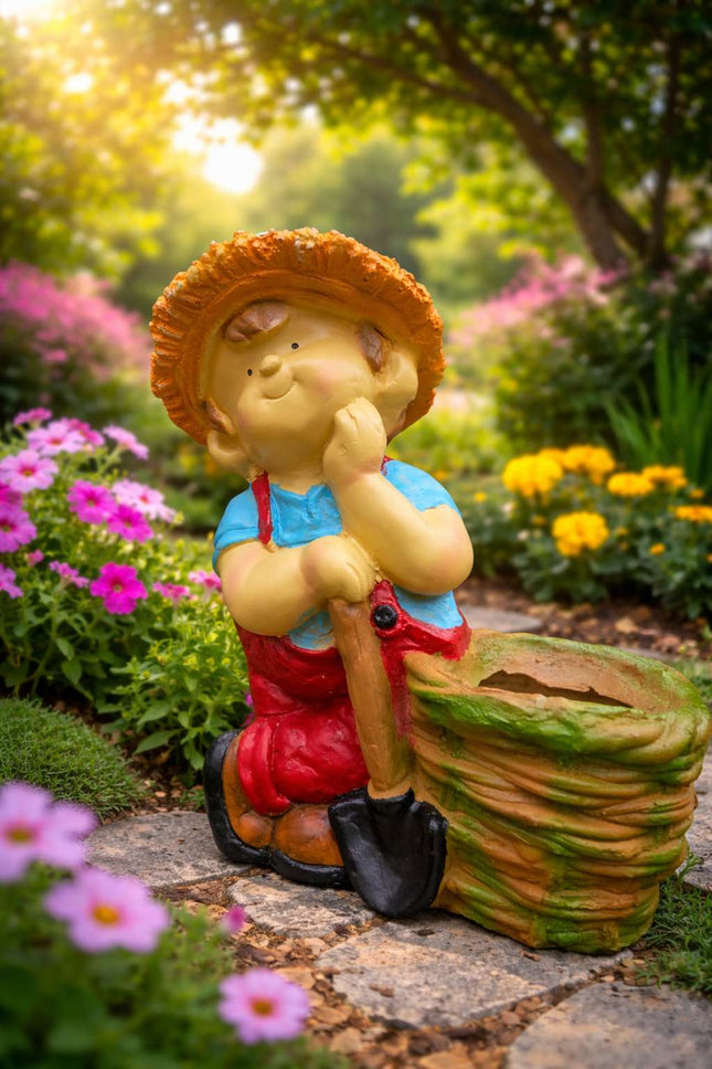 Cute Garden Boy Planter with Shovel – Decorative Resin Flower Pot for Indoor & Outdoor Decor - Pctkart