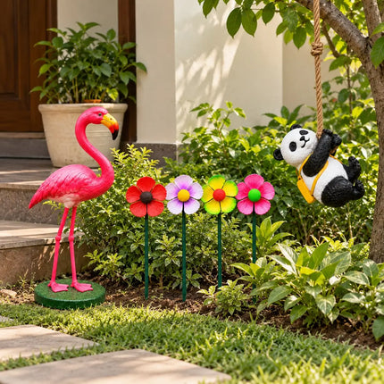 Garden Decor Combo Set of 3 | Pink Flamingo Statue, Hanging Panda & Moving Flower Stakes