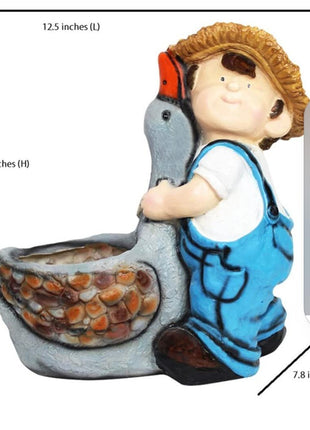 Cute Boy Resin Planter with Bird | Decorative Garden Pot & Outdoor Home Decor - Pctkart