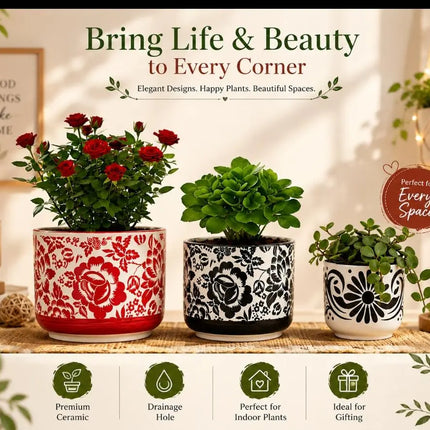 Decorative floral ceramic planter set for indoor plants and home decoration