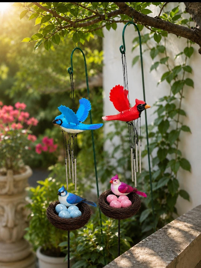 Set of 4 Decorative Garden Stakes with Colorful Birds & Wind Chimes | Outdoor Garden Decor | PCTKART - Pctkart