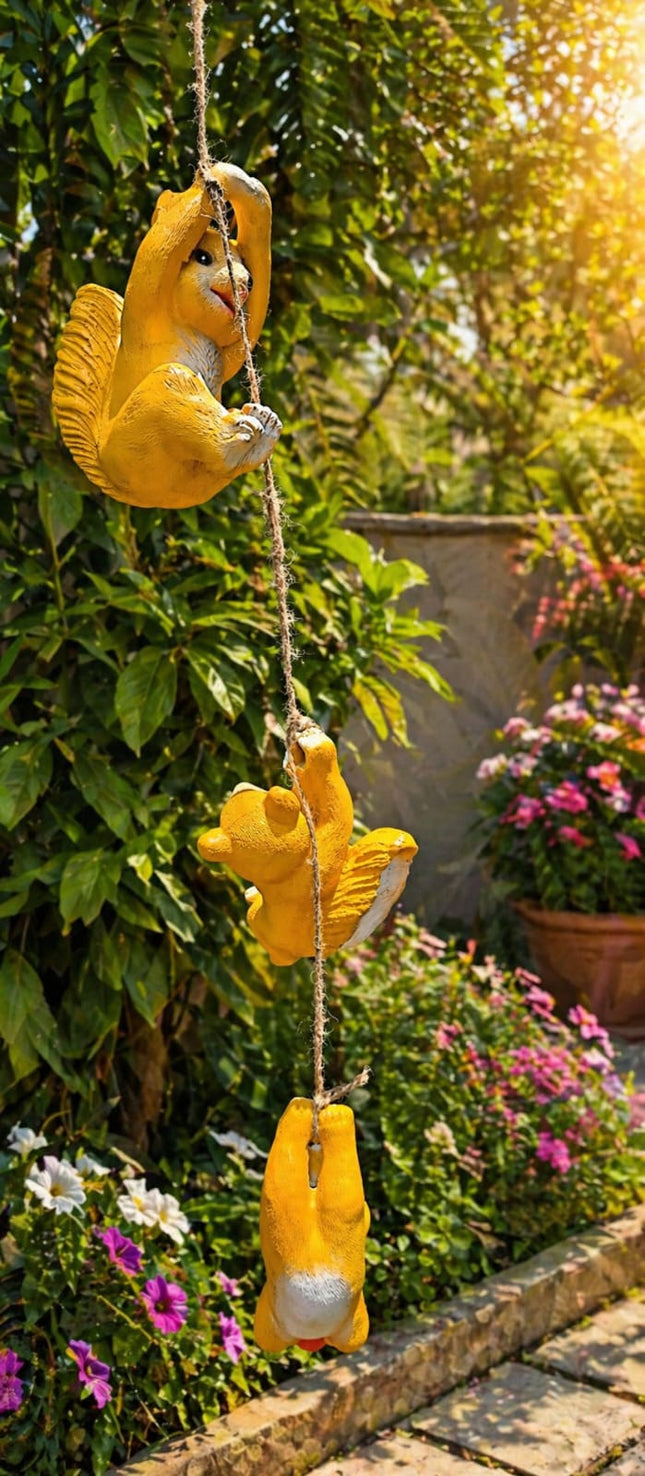 Cute Squirrel Climbing Rope Garden Decor | Hanging Squirrel Statue for Outdoor Balcony & Plant Decoration - Pctkart
