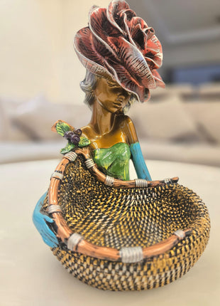 Premium Lady Basket Showpiece | Hand Painted Girl Figurine Decorative Bowl for Home Decor & Gifting - Pctkart