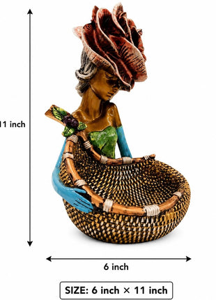 Premium Lady Basket Showpiece | Hand Painted Girl Figurine Decorative Bowl for Home Decor & Gifting - Pctkart