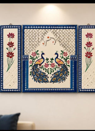 Handcrafted Lippon Art Peacock Wall Decor Set of 5 | Clay Art on Wood - Pctkart