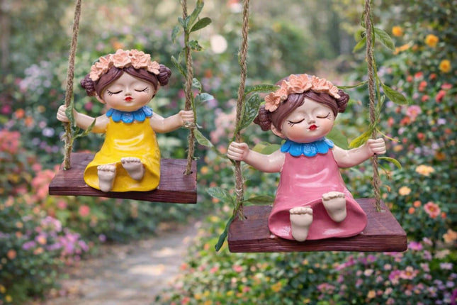 Cute Swing Girl PACK OF 2 Resin Showpiece for Home & Garden Decor | Decorative Hanging Figurine | PCTKART - Pctkart