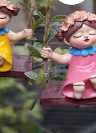 Cute Swing Girl PACK OF 2 Resin Showpiece for Home & Garden Decor | Decorative Hanging Figurine | PCTKART - Pctkart