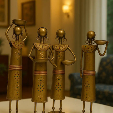 Pctkart Antique Metal Village lady candle holder showpiece set of 4 for home decor - Pctkart